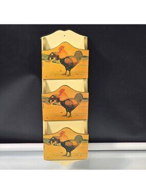 Vintage Rooster Wall Mail Letter Holder Organizer Farm Barn Country